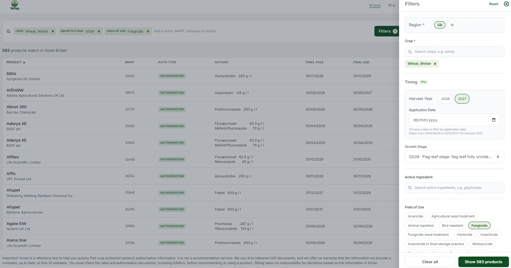 Screenshot: Restrictions tab, Timing Restrictions with list of returned products behind. Winter wheat fungicides, GB Authorisations, at GS39
