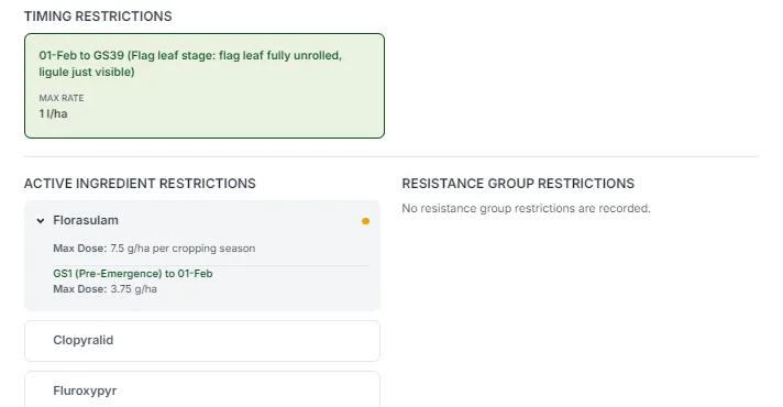 florasulam, max 7.5 g a.i./ha per season