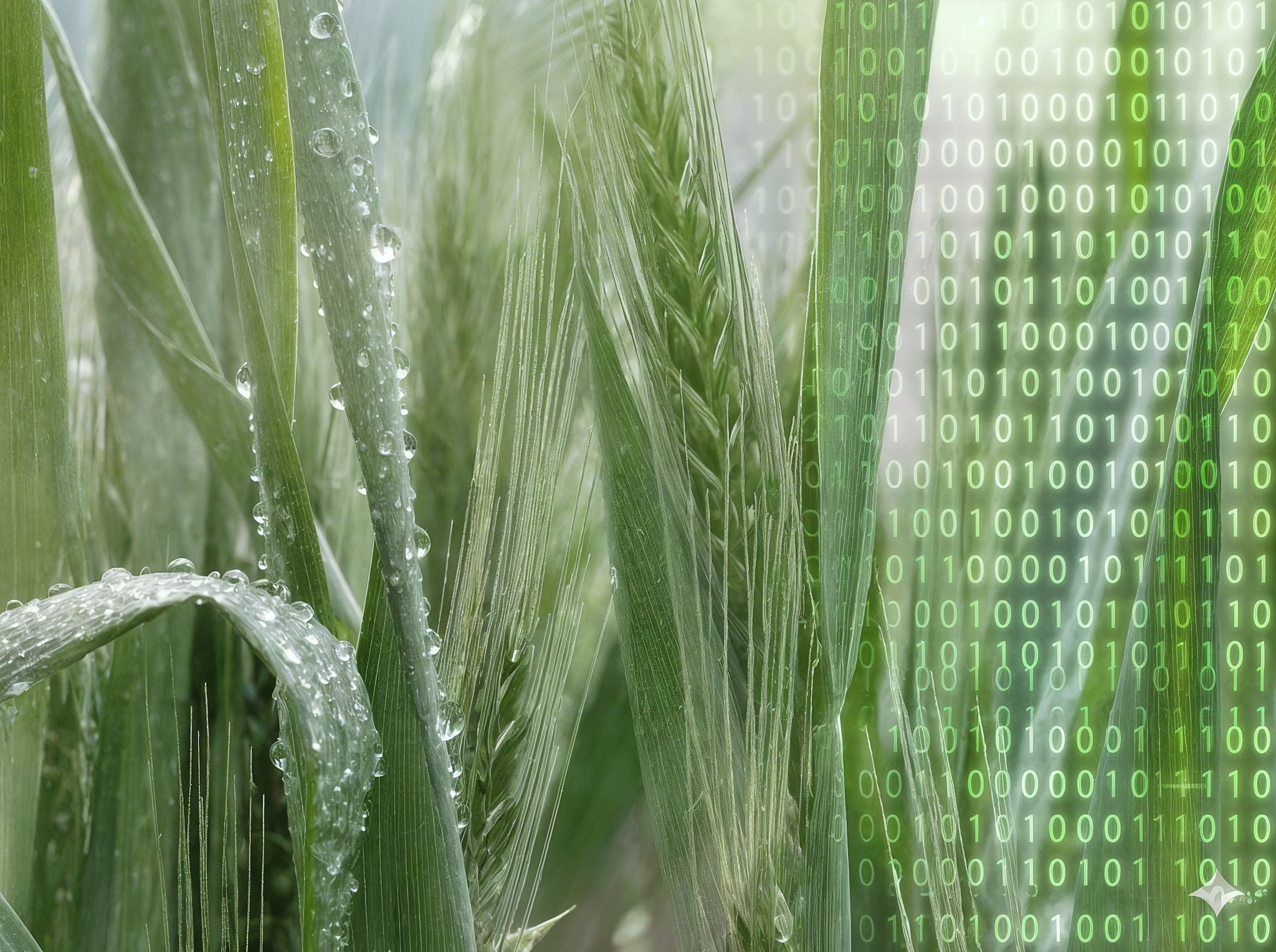 Wheat ears beaded with dew, overlaid with columns of binary digits